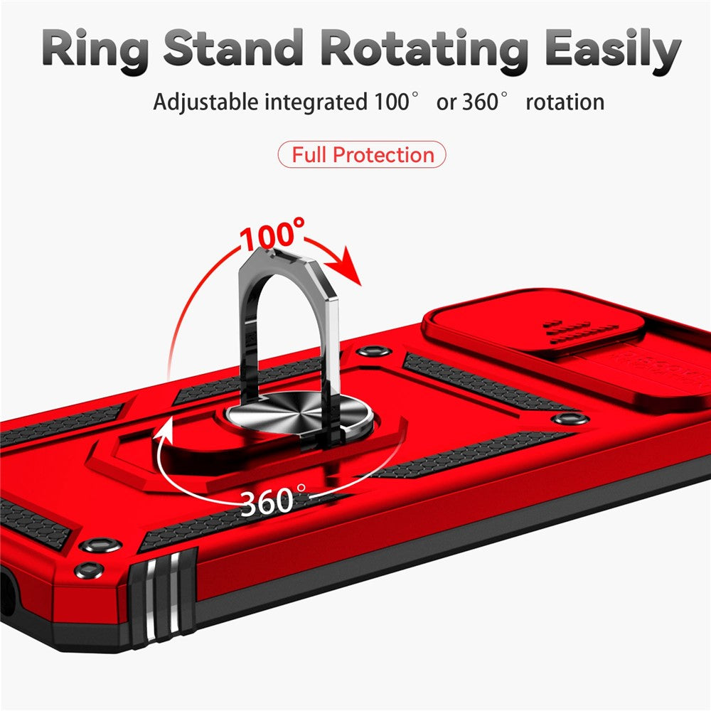 Bagcover til Samsung Galaxy A04 4G (164,4 x 76,3 x 9,1 mm), Stødsikker PC + TPU beskyttelsescover til telefon med skydbar kamerabeskyttelse og metalringstøtteben