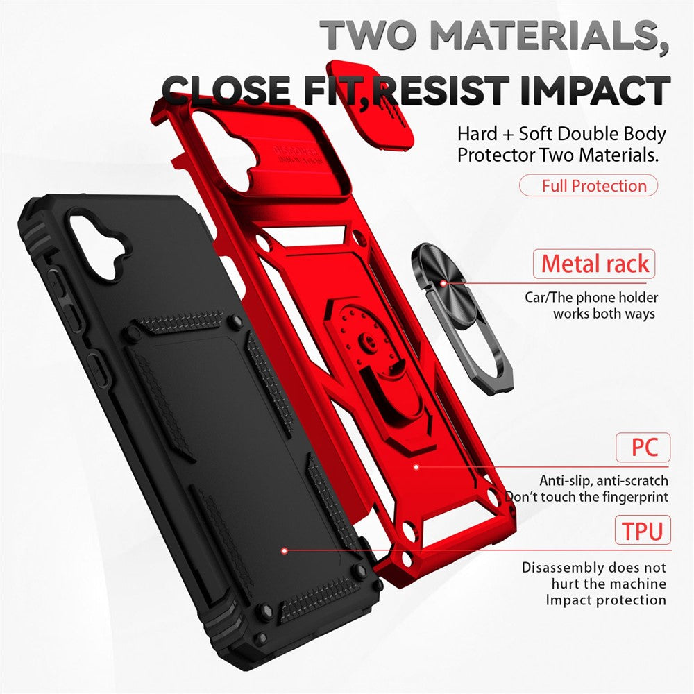 Bagcover til Samsung Galaxy A04 4G (164,4 x 76,3 x 9,1 mm), Stødsikker PC + TPU beskyttelsescover til telefon med skydbar kamerabeskyttelse og metalringstøtteben
