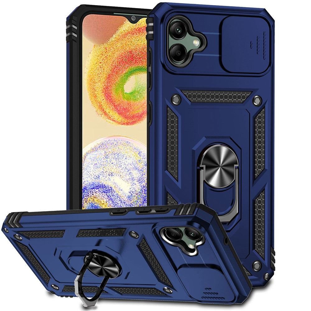 Bagcover til Samsung Galaxy A04 4G (164,4 x 76,3 x 9,1 mm), Stødsikker PC + TPU beskyttelsescover til telefon med skydbar kamerabeskyttelse og metalringstøtteben