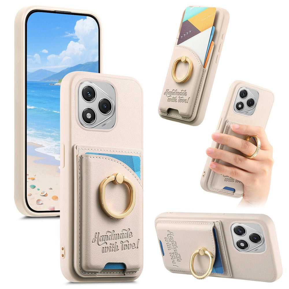 Honor 400 Lite 5G Cover med Kortholder, Ringholder med Rhinestone, Støttefod og Bagside af Læder