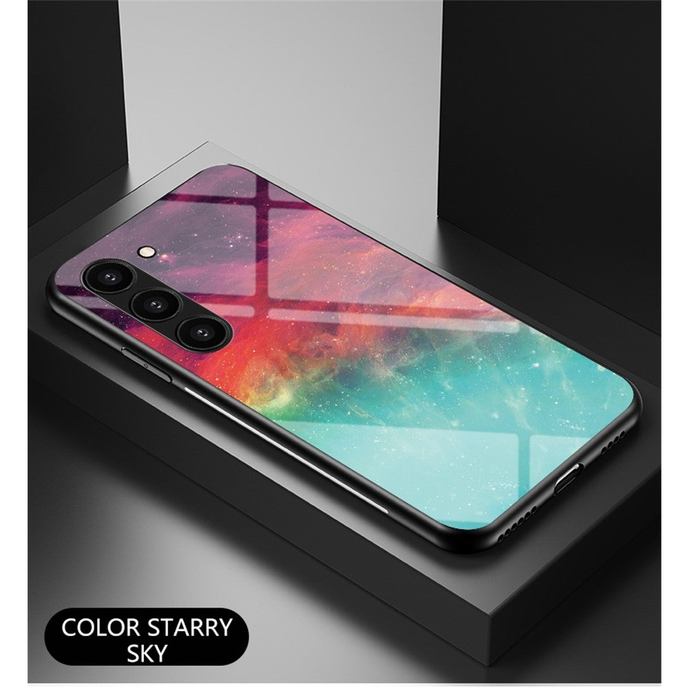Anti-Fall Phone Case for Samsung Galaxy S23, TPU PC Tempered Glass Shockproof Cover Starry Sky Pattern Printed Phone Case