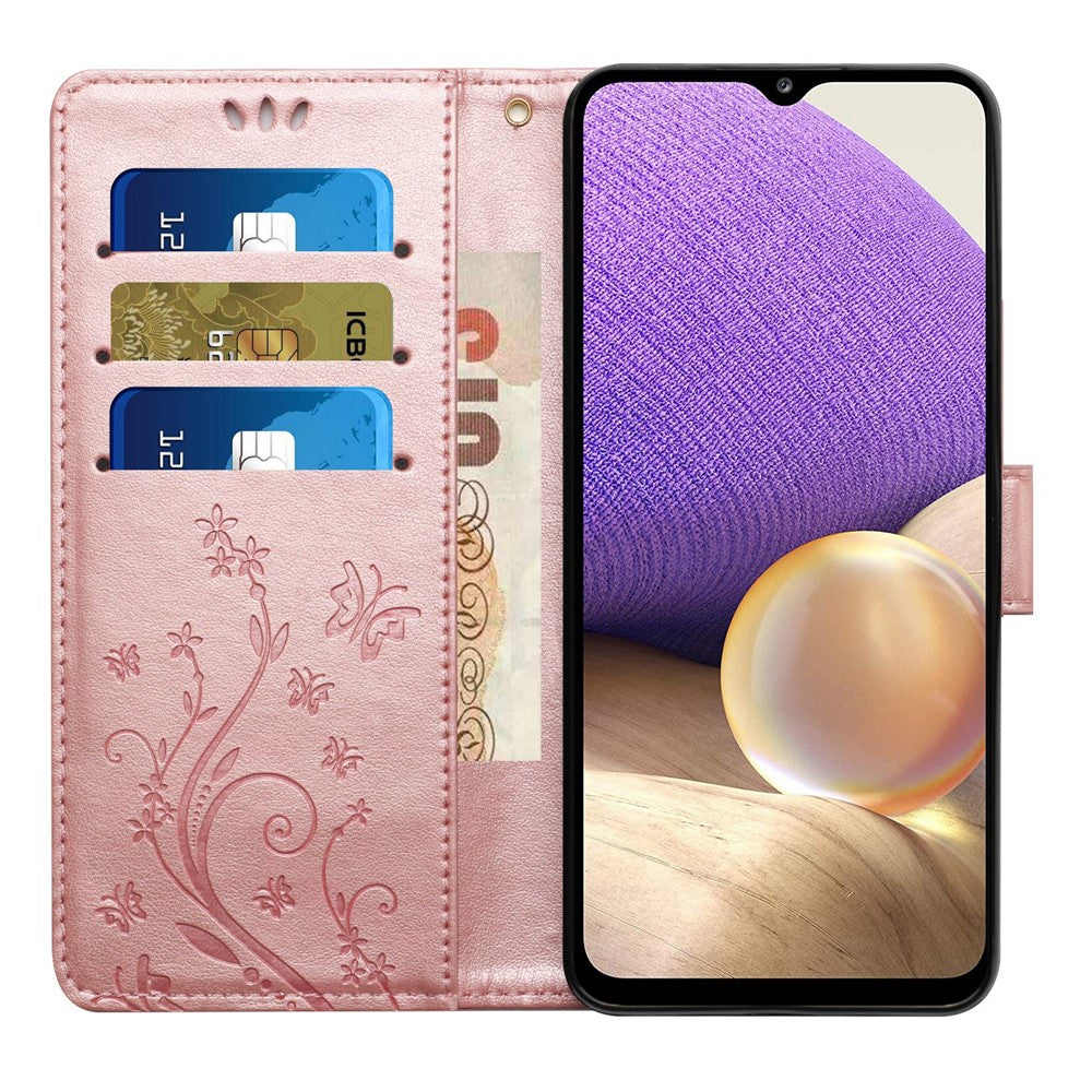 Til Samsung Galaxy A23e Præget Blomster Sommerfugl Telefoncover PU Læder Stødsikkert Pung Stander Etui