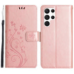 Samsung Galaxy S23 Ultra Prägling Blommiga Fjärilar Stativ Plånboksfodral Reptåligt PU-läder Folio Flipfodral