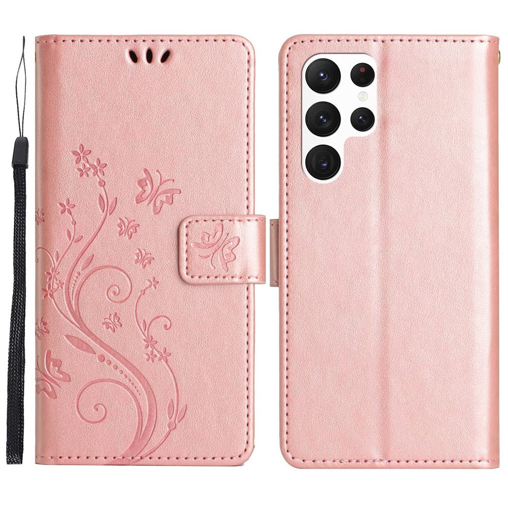 Samsung Galaxy S23 Ultra Prägling Blommiga Fjärilar Stativ Plånboksfodral Reptåligt PU-läder Folio Flipfodral