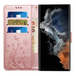 Samsung Galaxy S23 Ultra Prägling Blommiga Fjärilar Stativ Plånboksfodral Reptåligt PU-läder Folio Flipfodral