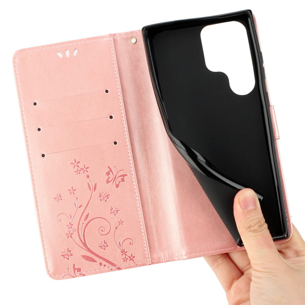 Samsung Galaxy S23 Ultra Prägling Blommiga Fjärilar Stativ Plånboksfodral Reptåligt PU-läder Folio Flipfodral