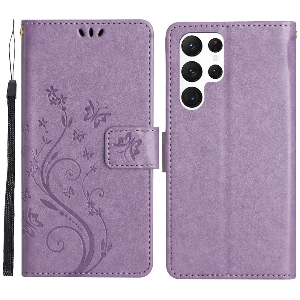 Samsung Galaxy S23 Ultra Prägling Blommiga Fjärilar Stativ Plånboksfodral Reptåligt PU-läder Folio Flipfodral
