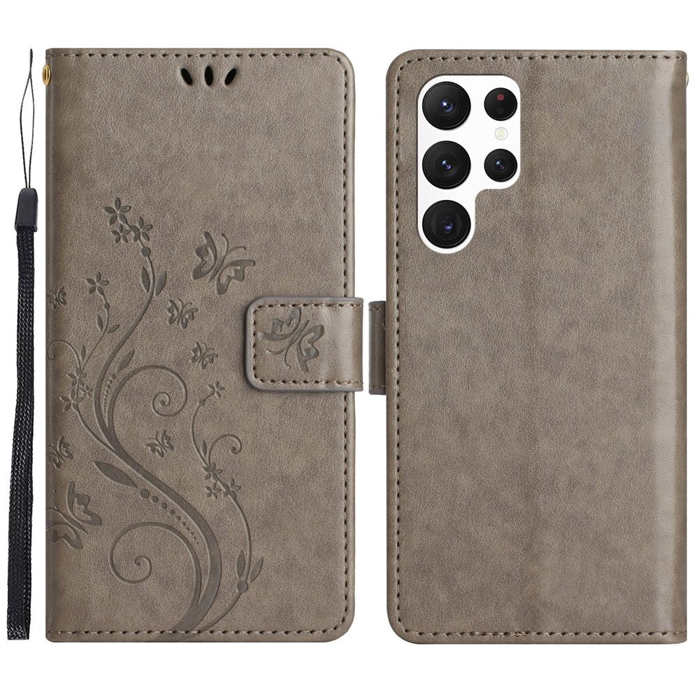 Samsung Galaxy S23 Ultra Prägling Blommiga Fjärilar Stativ Plånboksfodral Reptåligt PU-läder Folio Flipfodral