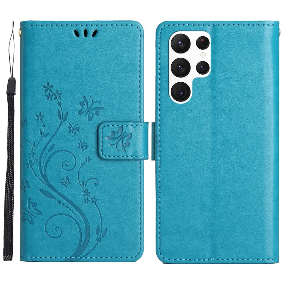 Samsung Galaxy S23 Ultra Prägling Blommiga Fjärilar Stativ Plånboksfodral Reptåligt PU-läder Folio Flipfodral