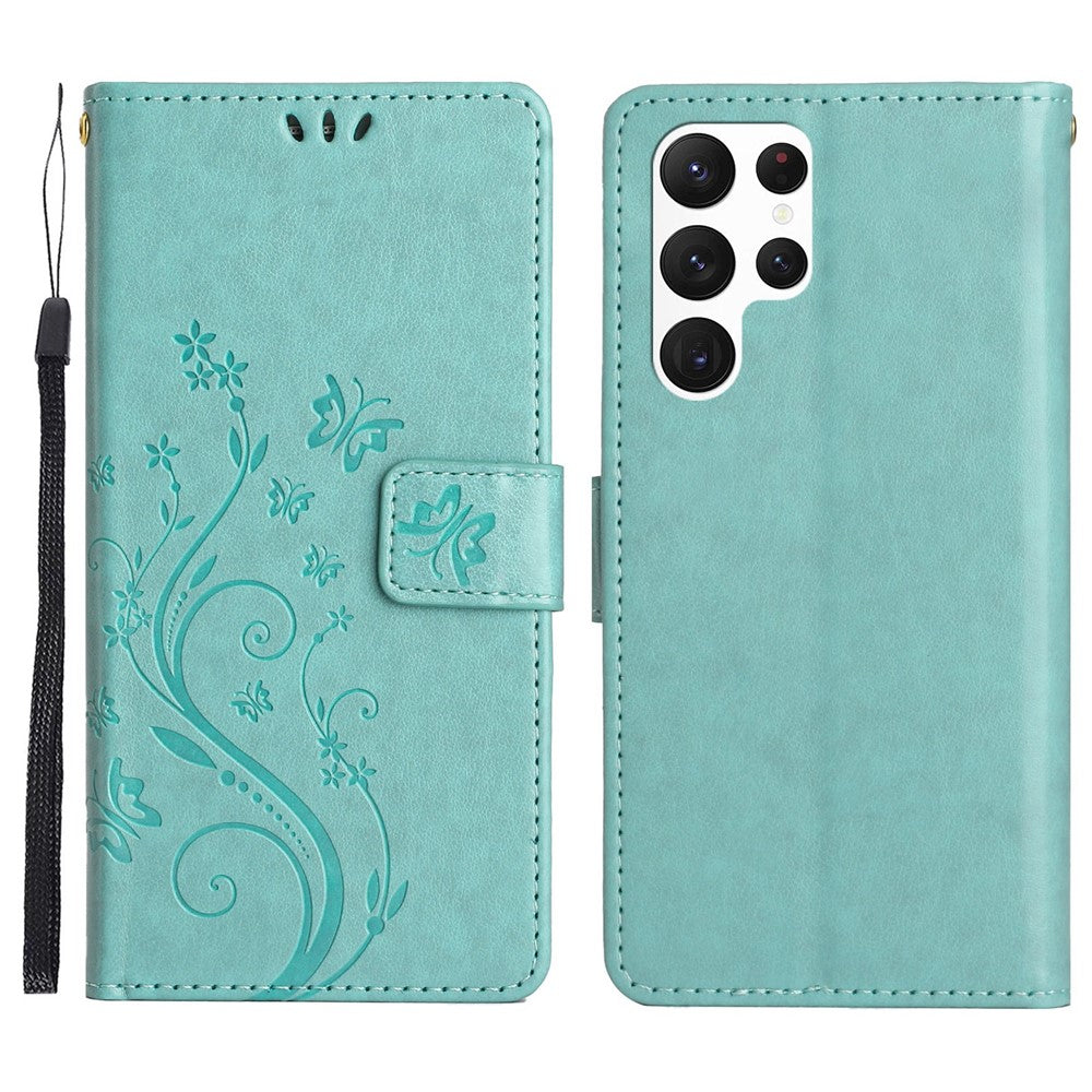 Samsung Galaxy S23 Ultra Prägling Blommiga Fjärilar Stativ Plånboksfodral Reptåligt PU-läder Folio Flipfodral