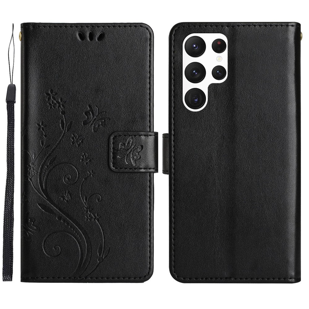 Samsung Galaxy S23 Ultra Prägling Blommiga Fjärilar Stativ Plånboksfodral Reptåligt PU-läder Folio Flipfodral