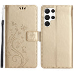 Samsung Galaxy S23 Ultra Prägling Blommiga Fjärilar Stativ Plånboksfodral Reptåligt PU-läder Folio Flipfodral