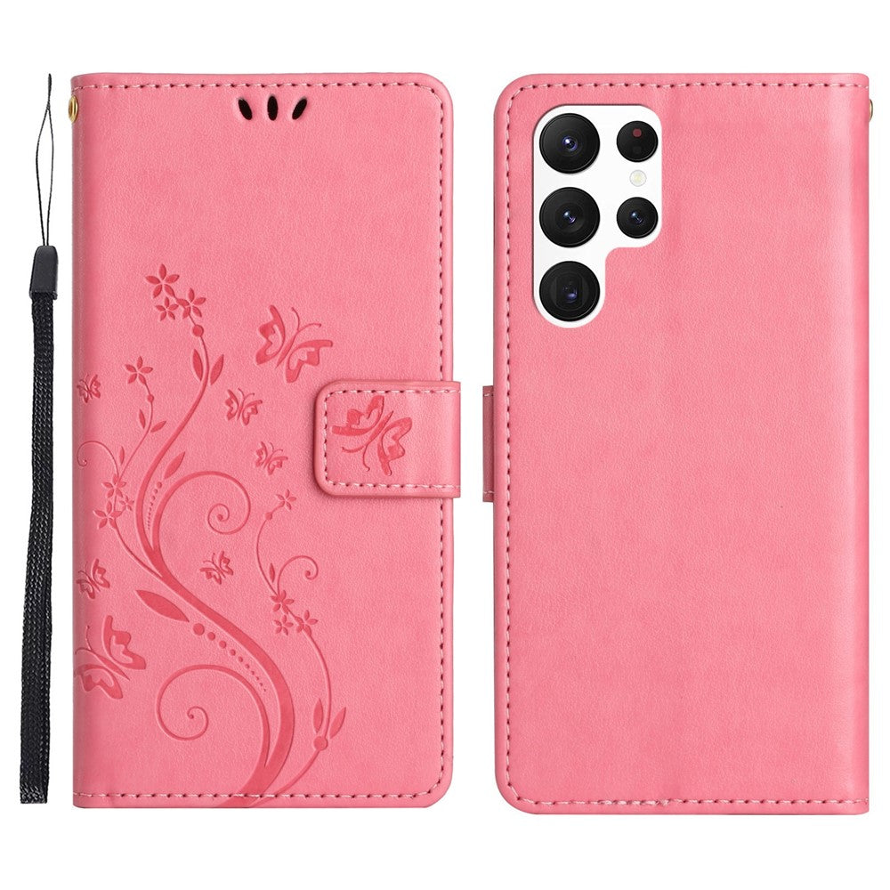 Samsung Galaxy S23 Ultra Prägling Blommiga Fjärilar Stativ Plånboksfodral Reptåligt PU-läder Folio Flipfodral