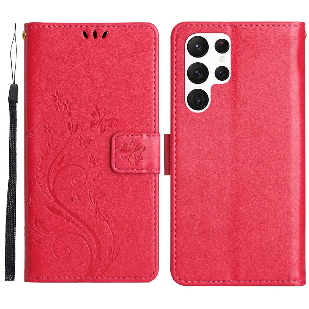Samsung Galaxy S23 Ultra Prägling Blommiga Fjärilar Stativ Plånboksfodral Reptåligt PU-läder Folio Flipfodral