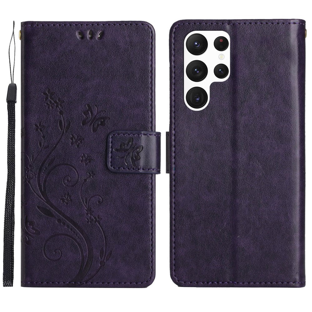 Samsung Galaxy S23 Ultra Prägling Blommiga Fjärilar Stativ Plånboksfodral Reptåligt PU-läder Folio Flipfodral
