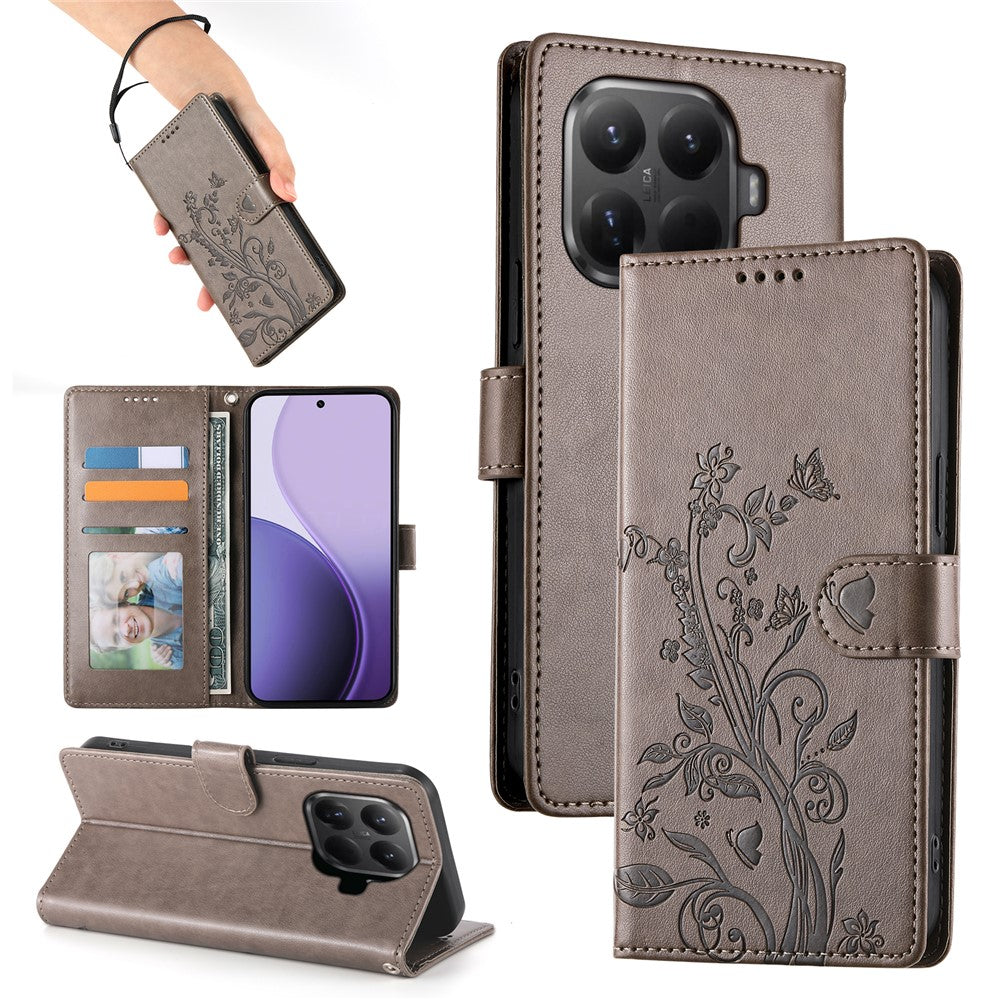 Xiaomi 15T Pro-pung med sommerfugle- og blomstermønster i PU-læder, mobilcover med håndledsrem