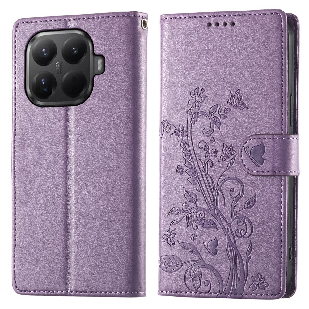 Xiaomi 15T Pro-pung med sommerfugle- og blomstermønster i PU-læder, mobilcover med håndledsrem