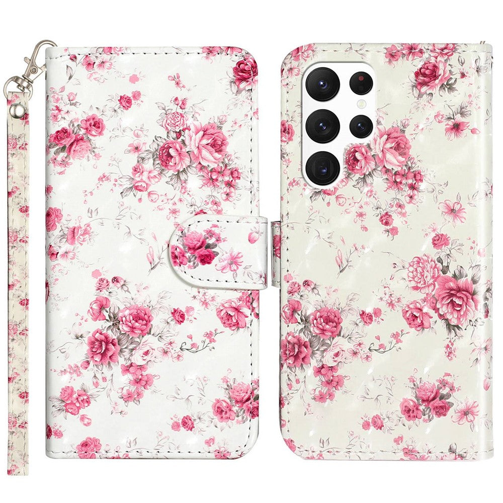 For Samsung Galaxy S23 Ultra 3D Pattern Printing PU Leather Flip Wallet Case Stand Magnetic Shockproof Protective Phone Cover with Strap