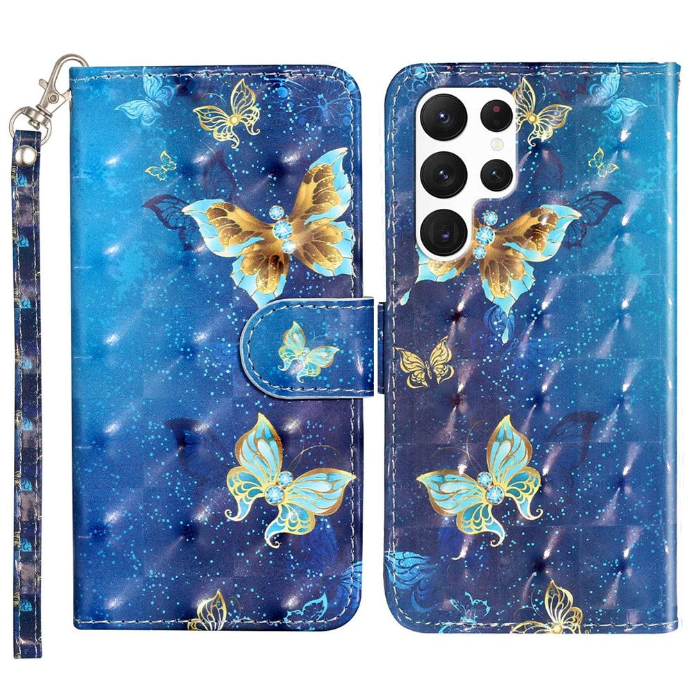 For Samsung Galaxy S23 Ultra 3D Pattern Printing PU Leather Flip Wallet Case Stand Magnetic Shockproof Protective Phone Cover with Strap