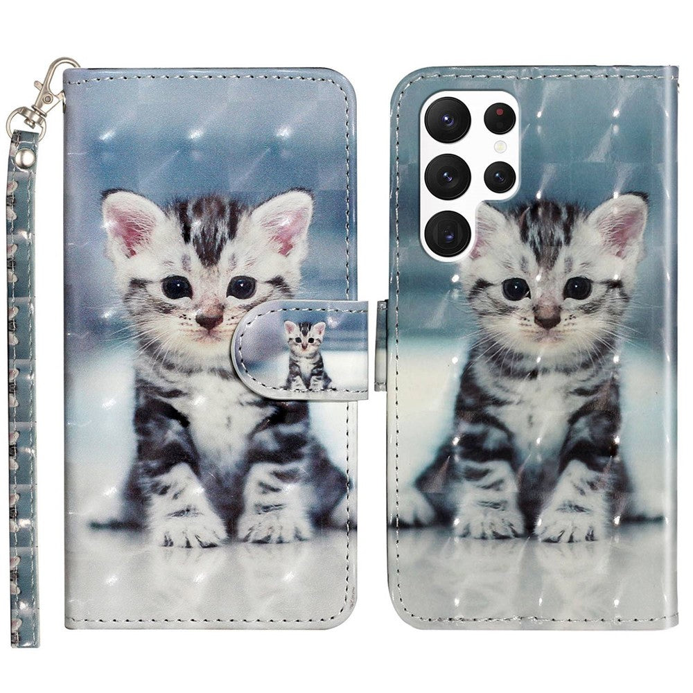 For Samsung Galaxy S23 Ultra 3D Pattern Printing PU Leather Flip Wallet Case Stand Magnetic Shockproof Protective Phone Cover with Strap