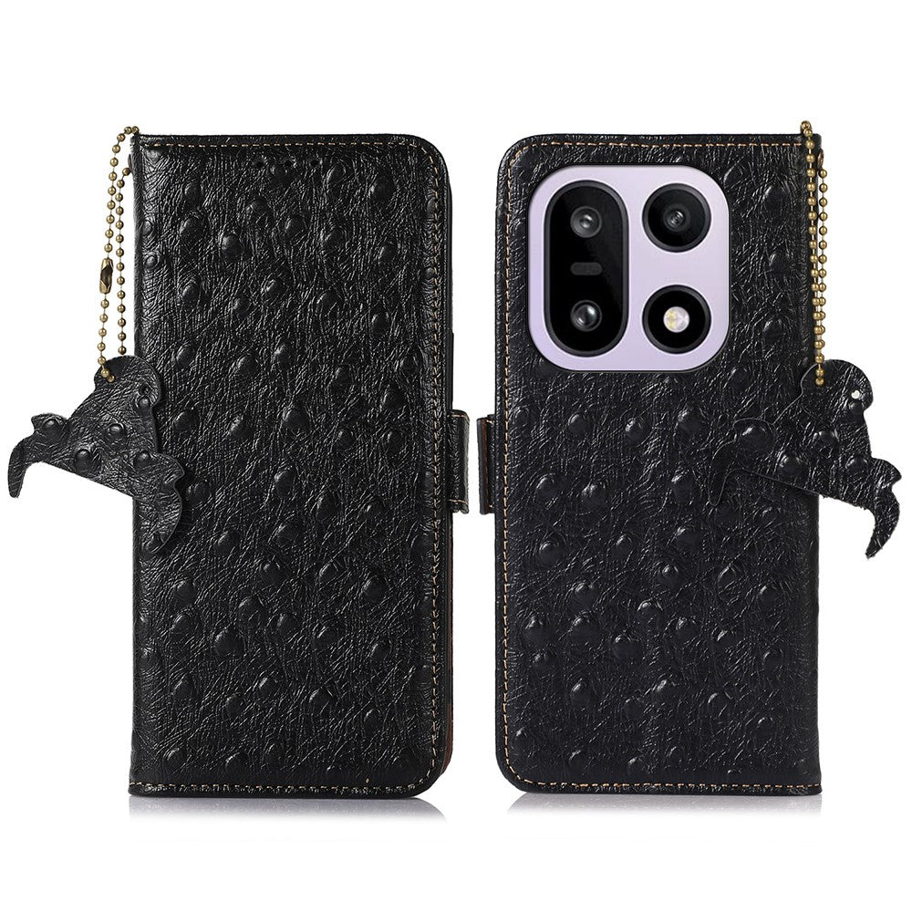 For OnePlus 15 5G Case RFID Blocking Genuine Cow Leather Phone Case Ostrich Texture