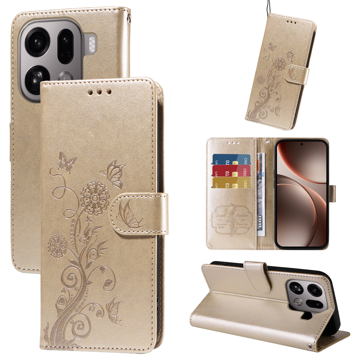 For Oppo Find X9 Pro 5G Leather Case Butterfly Floral Imprint Wallet Stand Cover