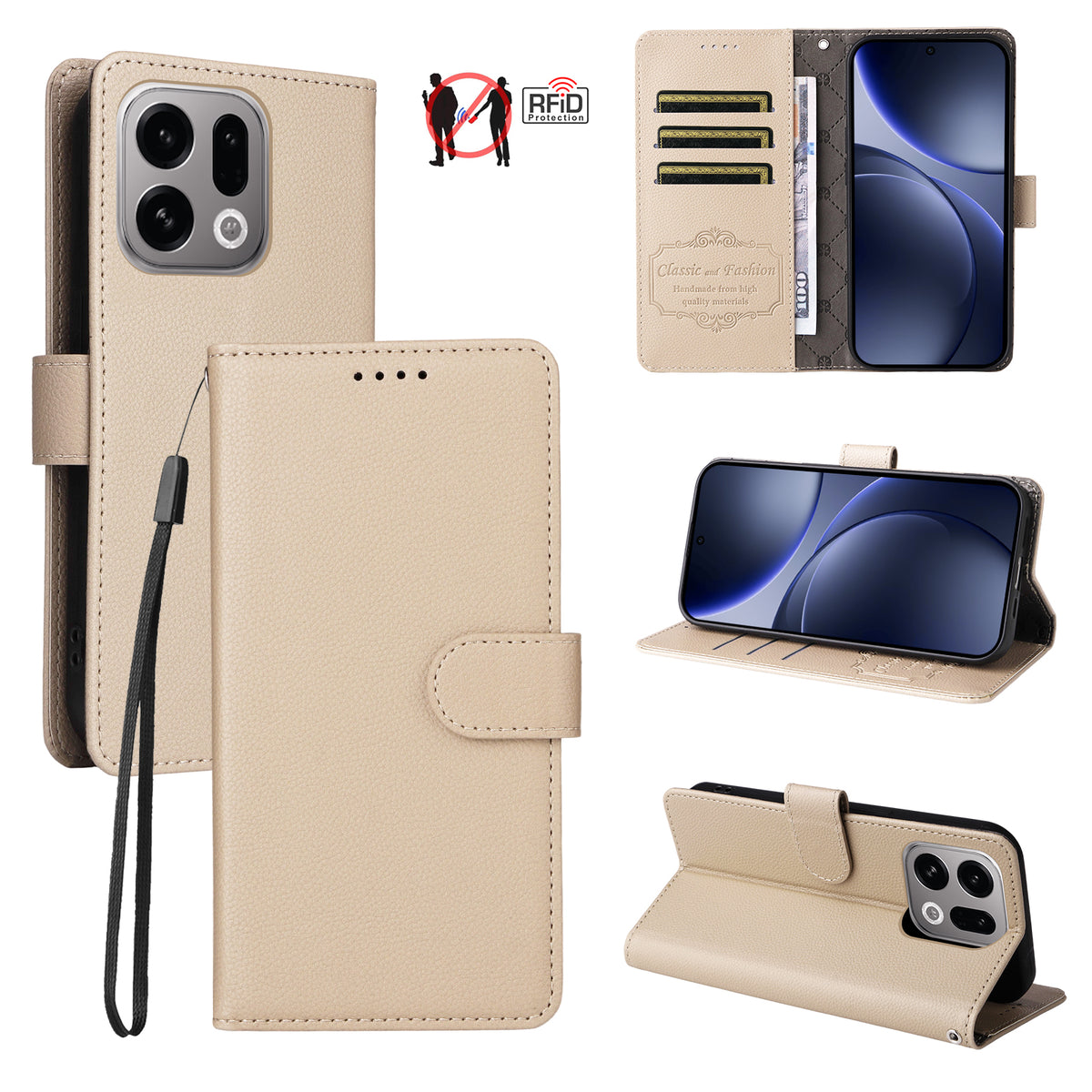 For Oppo Find X9 5G Case RFID Blocking 3 Card Slots PU Leather Phone Cover with Wrist Strap