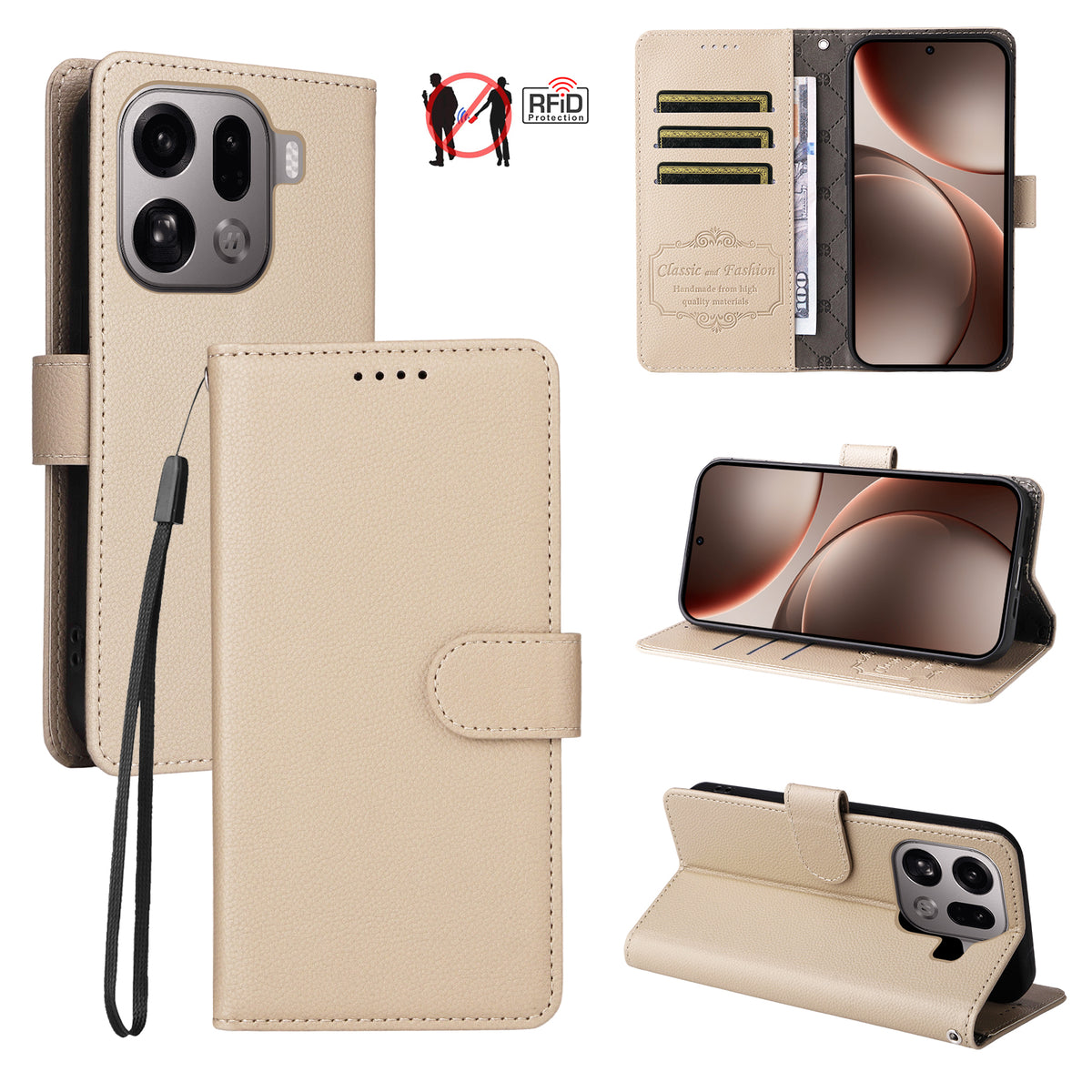 For Oppo Find X9 Pro 5G Case RFID Blocking 3 Card Slots PU Leather Phone Cover with Wrist Strap