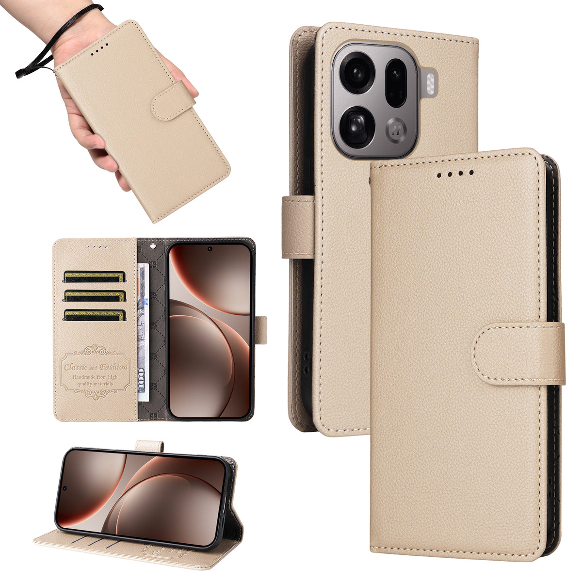 For Oppo Find X9 Pro 5G Case RFID Blocking 3 Card Slots PU Leather Phone Cover with Wrist Strap