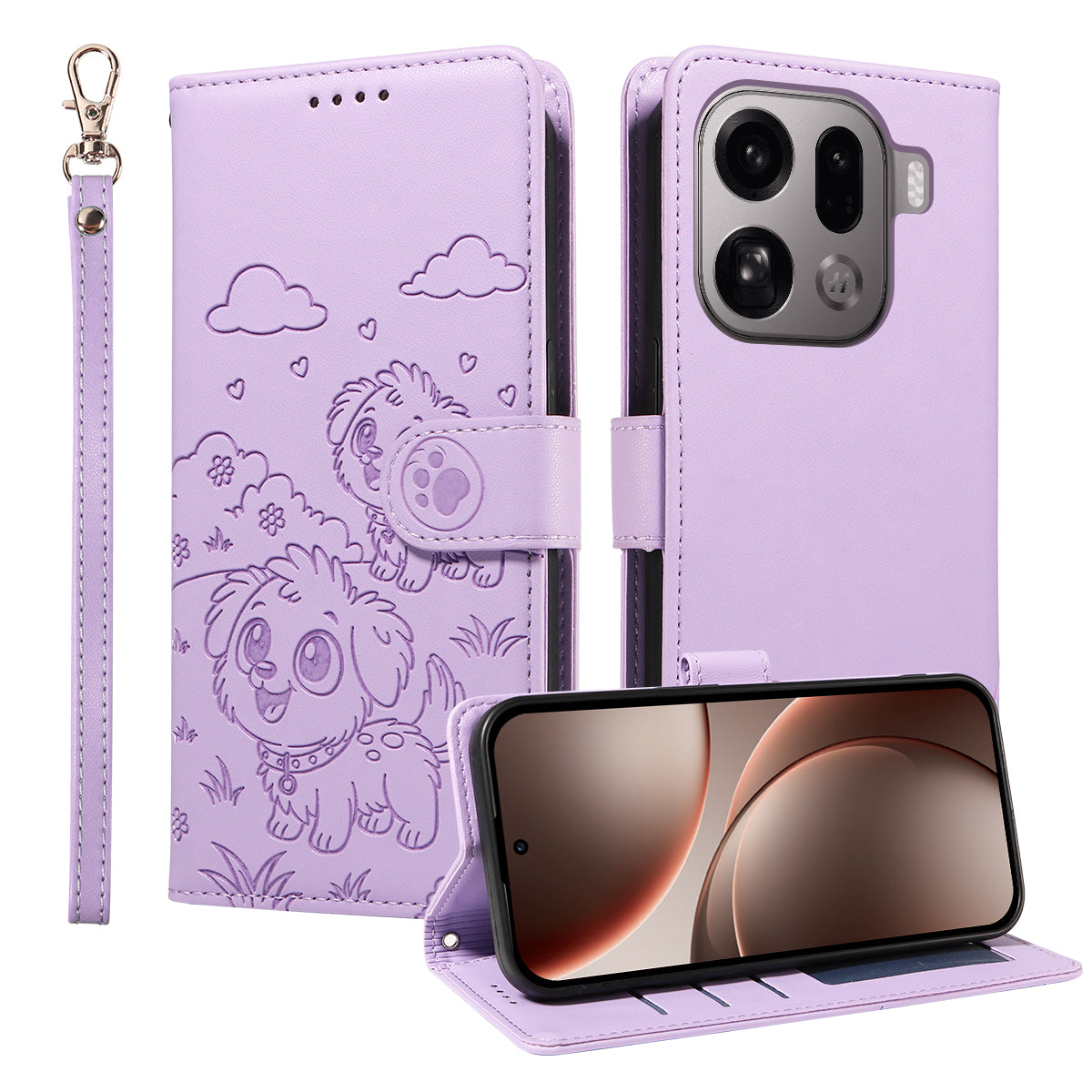 For Oppo Find X9 Pro 5G Case RFID Blocking Imprinted Dog Pattern PU Leather Phone Cover with Wrist Strap