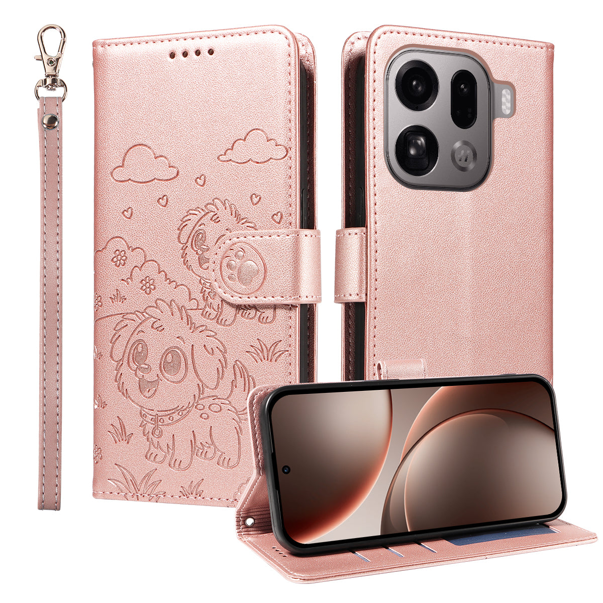 For Oppo Find X9 Pro 5G Case RFID Blocking Imprinted Dog Pattern PU Leather Phone Cover with Wrist Strap