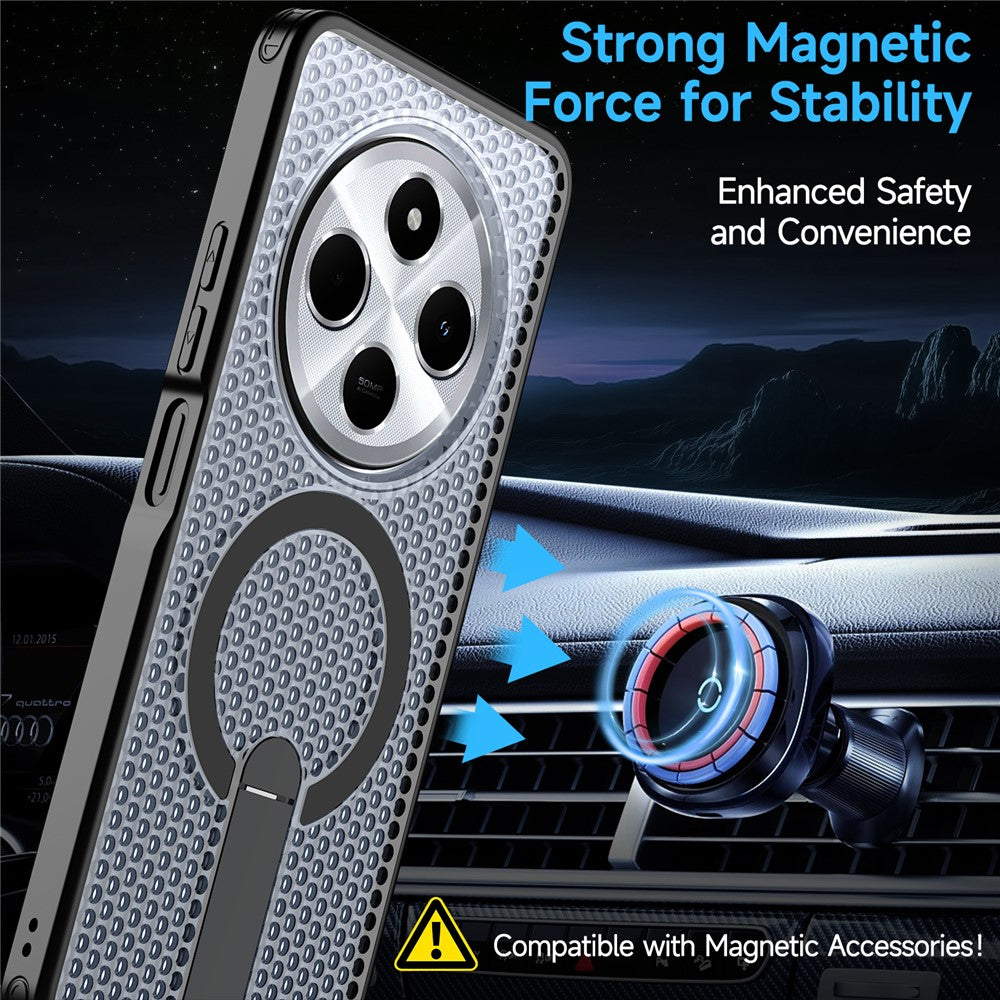 Magnetic Case For Xiaomi Redmi 17C 4G / 14C 4G  /  14C 5G  /  14R 5G  /  Poco C75 4G  /  5G Kickstand Grid Texture TPU PC Phone Back Cover