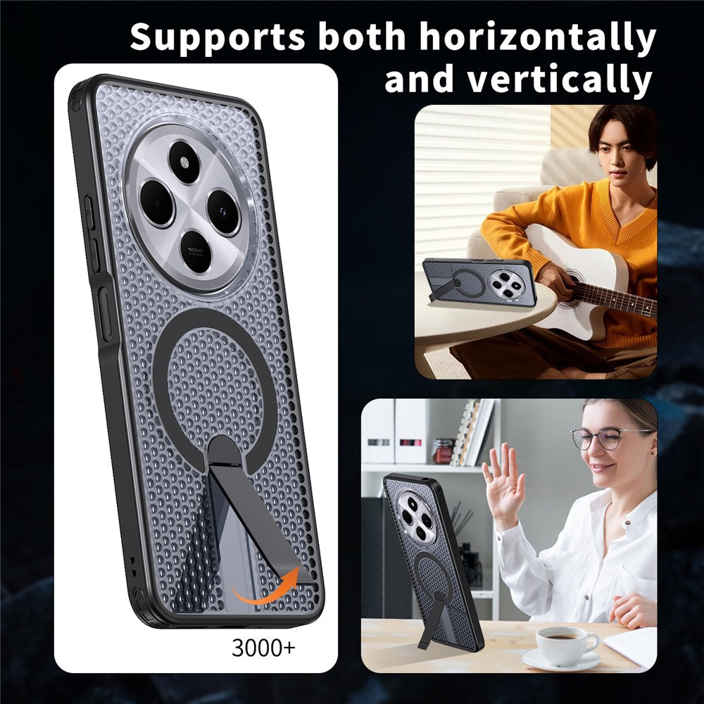 Magnetisk etui til Xiaomi Redmi 17C 4G / 14C 4G / 14C 5G / 14R 5G / Poco C75 4G / 5G, TPU- og PC-bagside med gitterstruktur og støtteben