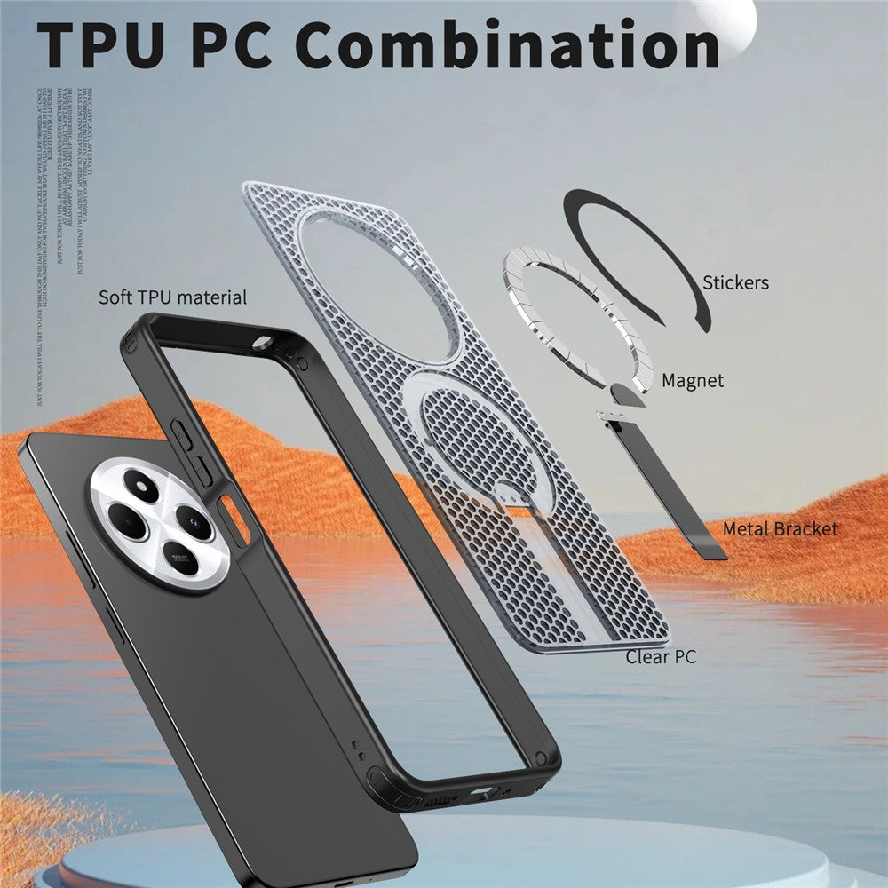 Magnetisk etui til Xiaomi Redmi 17C 4G / 14C 4G / 14C 5G / 14R 5G / Poco C75 4G / 5G, TPU- og PC-bagside med gitterstruktur og støtteben