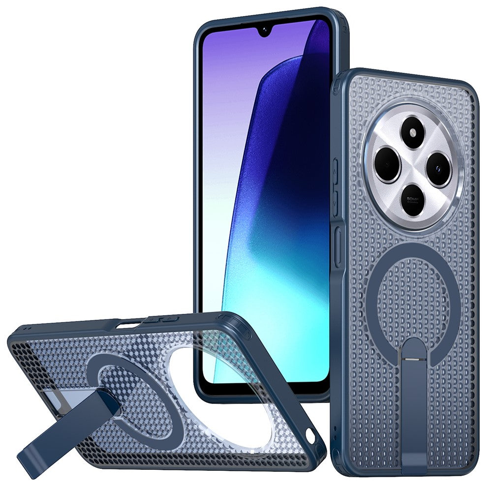Magnetisk etui til Xiaomi Redmi 17C 4G / 14C 4G / 14C 5G / 14R 5G / Poco C75 4G / 5G, TPU- og PC-bagside med gitterstruktur og støtteben