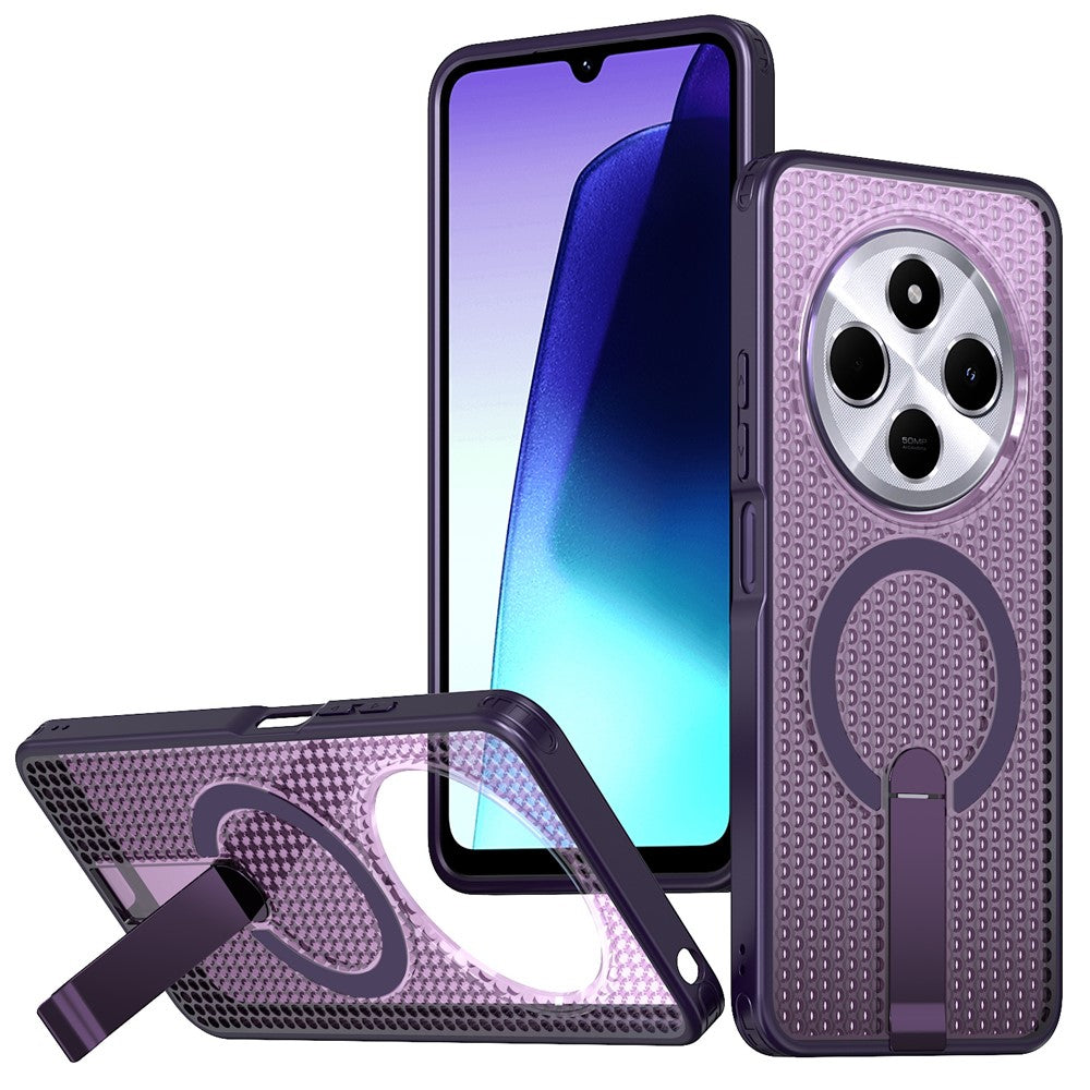 Magnetisk etui til Xiaomi Redmi 17C 4G / 14C 4G / 14C 5G / 14R 5G / Poco C75 4G / 5G, TPU- og PC-bagside med gitterstruktur og støtteben