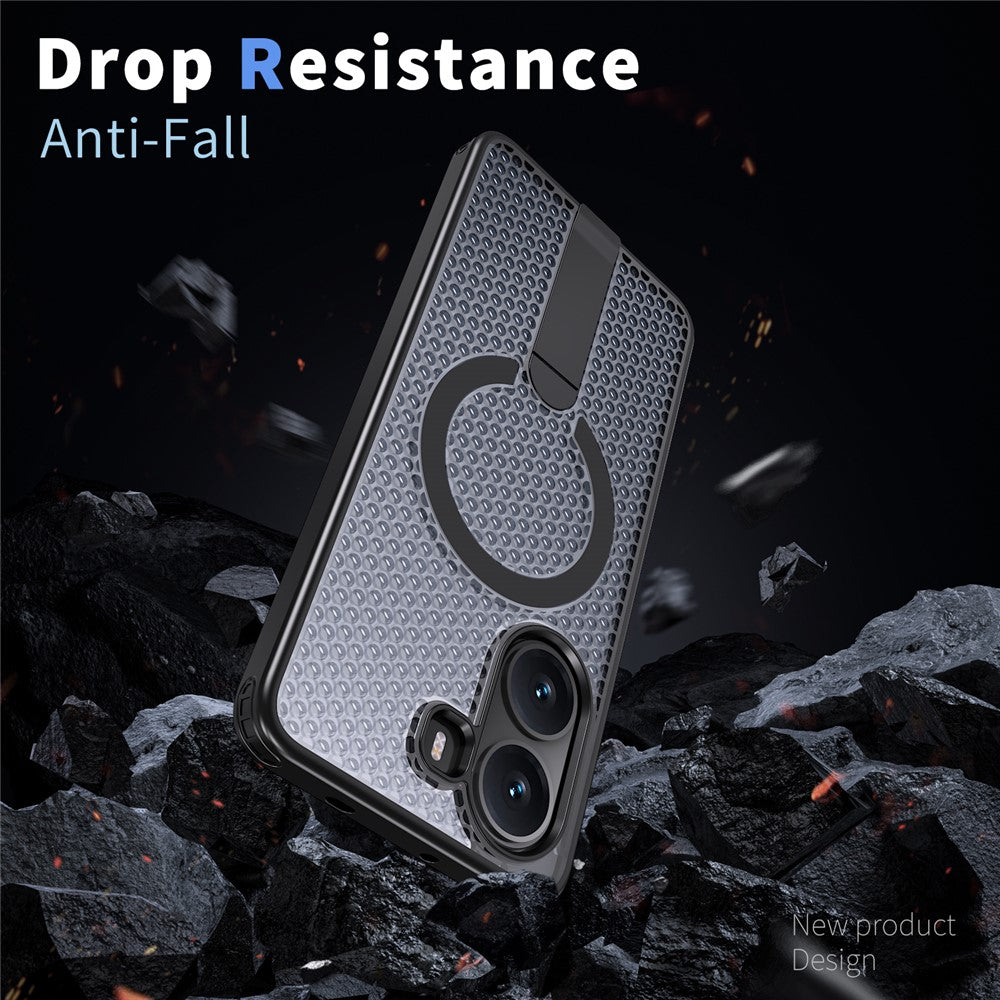 For Xiaomi Poco X7 Pro 5G Magnetic Case Kickstand Grid Texture TPU PC Phone Back Cover