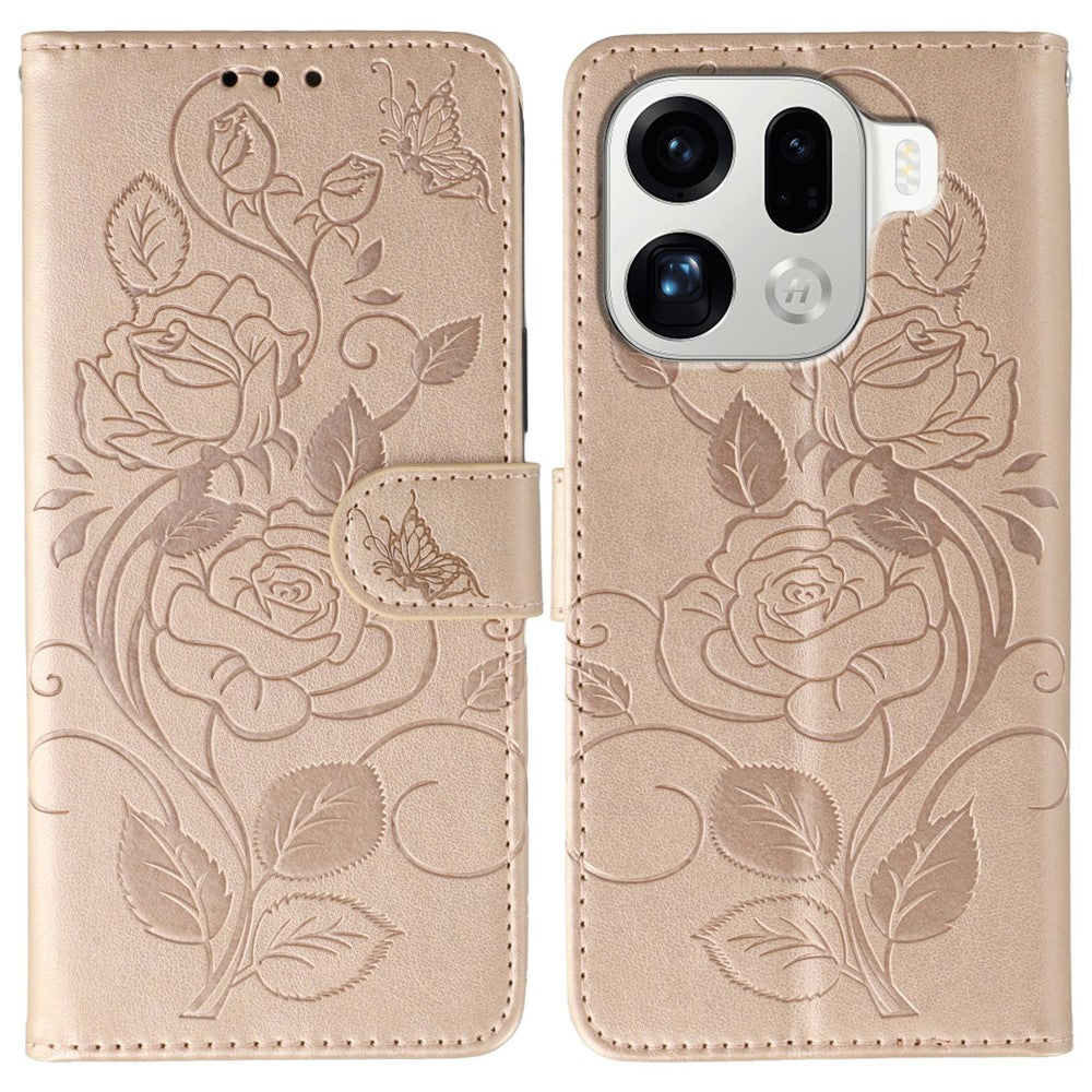 For Oppo Find X9 Pro 5G Case Wallet Stand Imprinted Rose Butterfly PU Leather Phone Cover