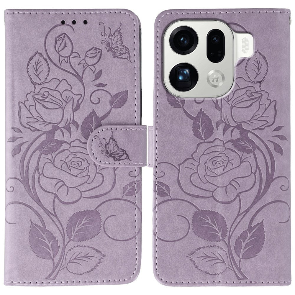 For Oppo Find X9 Pro 5G Case Wallet Stand Imprinted Rose Butterfly PU Leather Phone Cover