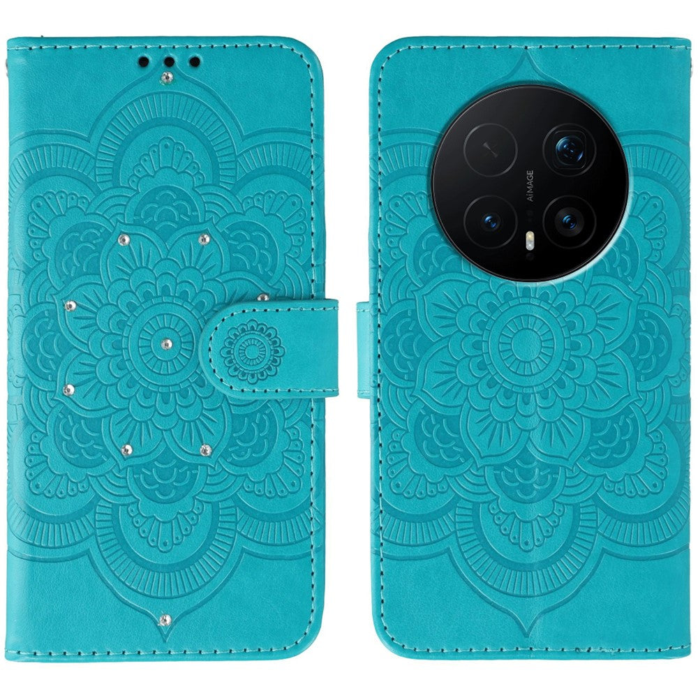 For Honor Magic8 Pro 5G Case Rhinestone Decor PU Leather Mandala Imprint Phone Cover with Wrist Strap