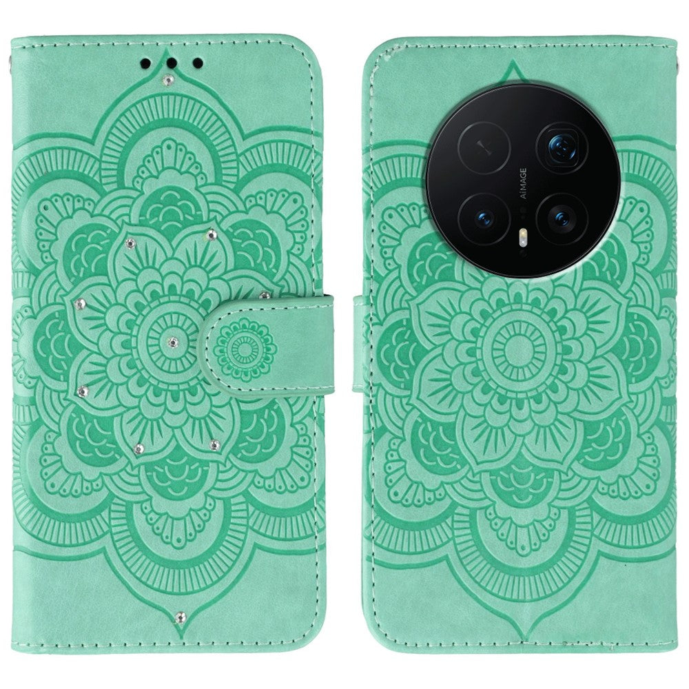 For Honor Magic8 Pro 5G Case Rhinestone Decor PU Leather Mandala Imprint Phone Cover with Wrist Strap