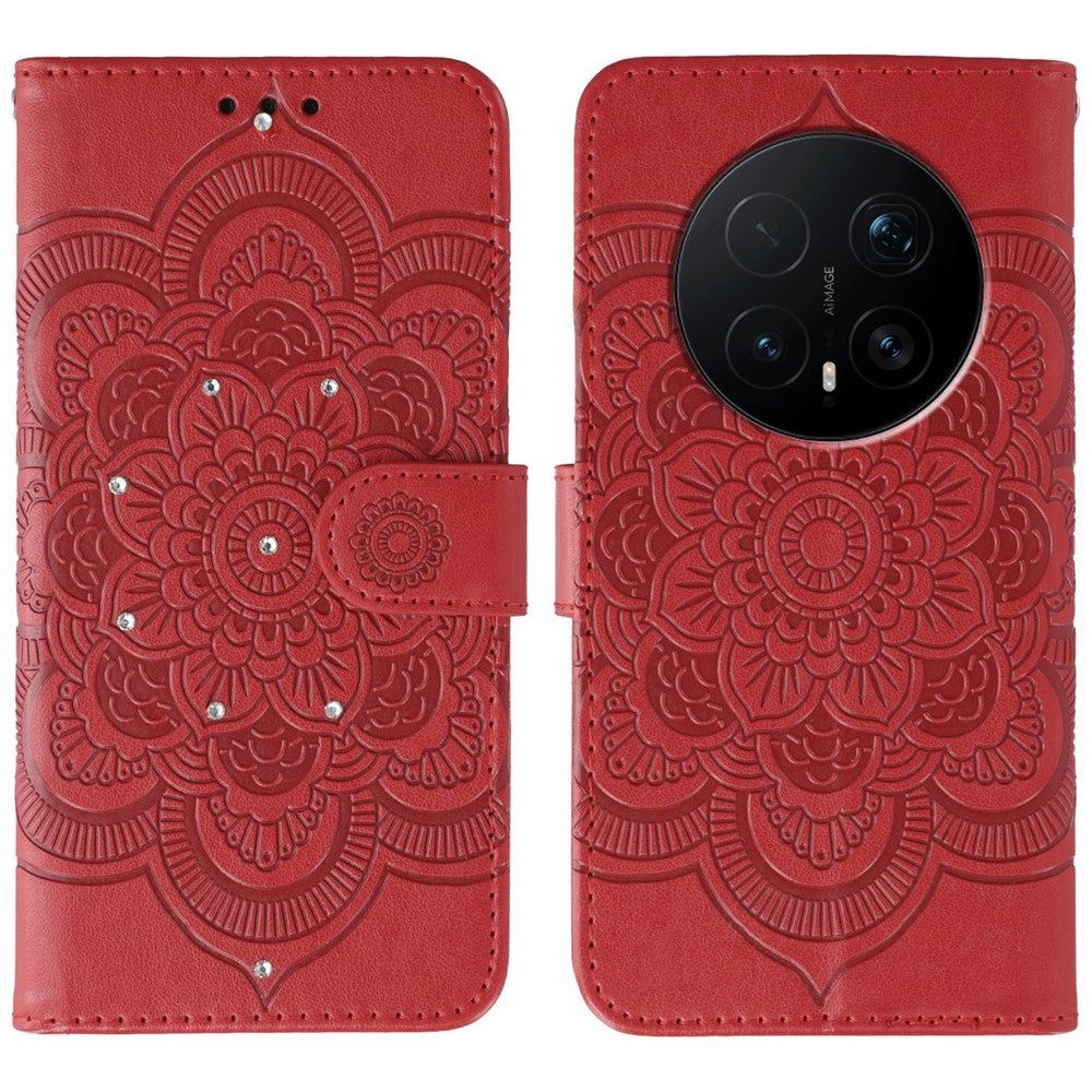 For Honor Magic8 Pro 5G Case Rhinestone Decor PU Leather Mandala Imprint Phone Cover with Wrist Strap