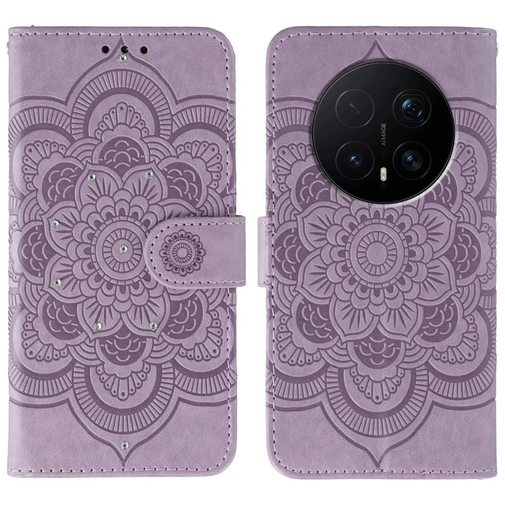For Honor Magic8 Pro 5G Case Rhinestone Decor PU Leather Mandala Imprint Phone Cover with Wrist Strap