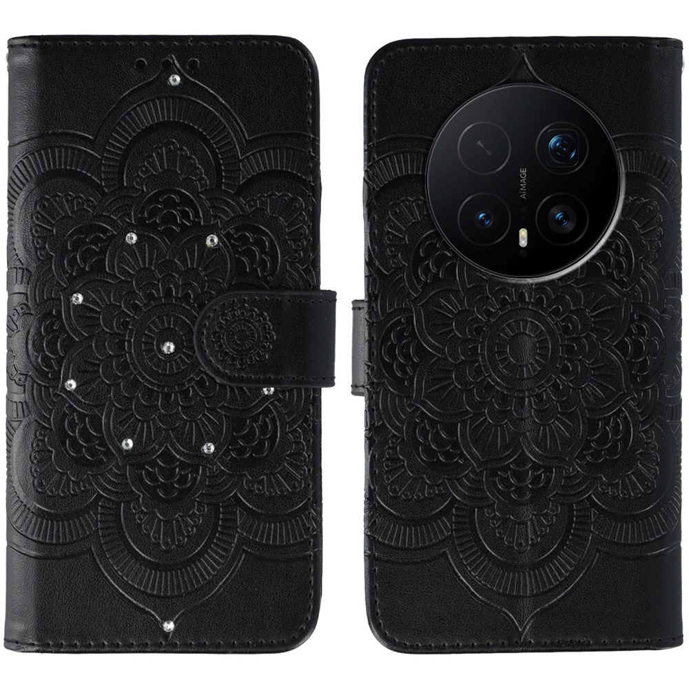 For Honor Magic8 Pro 5G Case Rhinestone Decor PU Leather Mandala Imprint Phone Cover with Wrist Strap