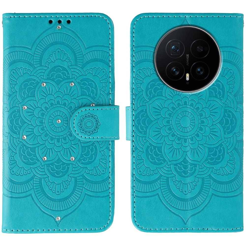 For Honor Magic8 5G Case Rhinestone Decor PU Leather Mandala Imprint Phone Cover with Wrist Strap