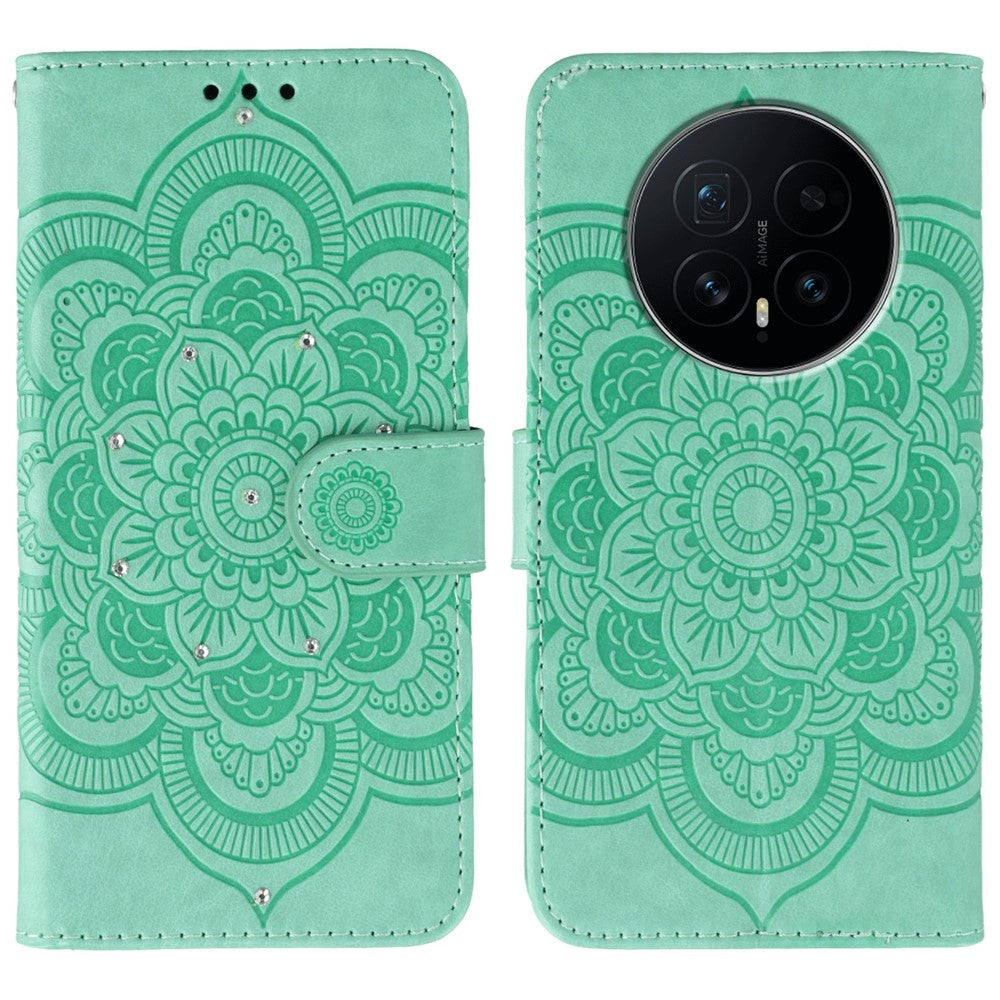 For Honor Magic8 5G Case Rhinestone Decor PU Leather Mandala Imprint Phone Cover with Wrist Strap