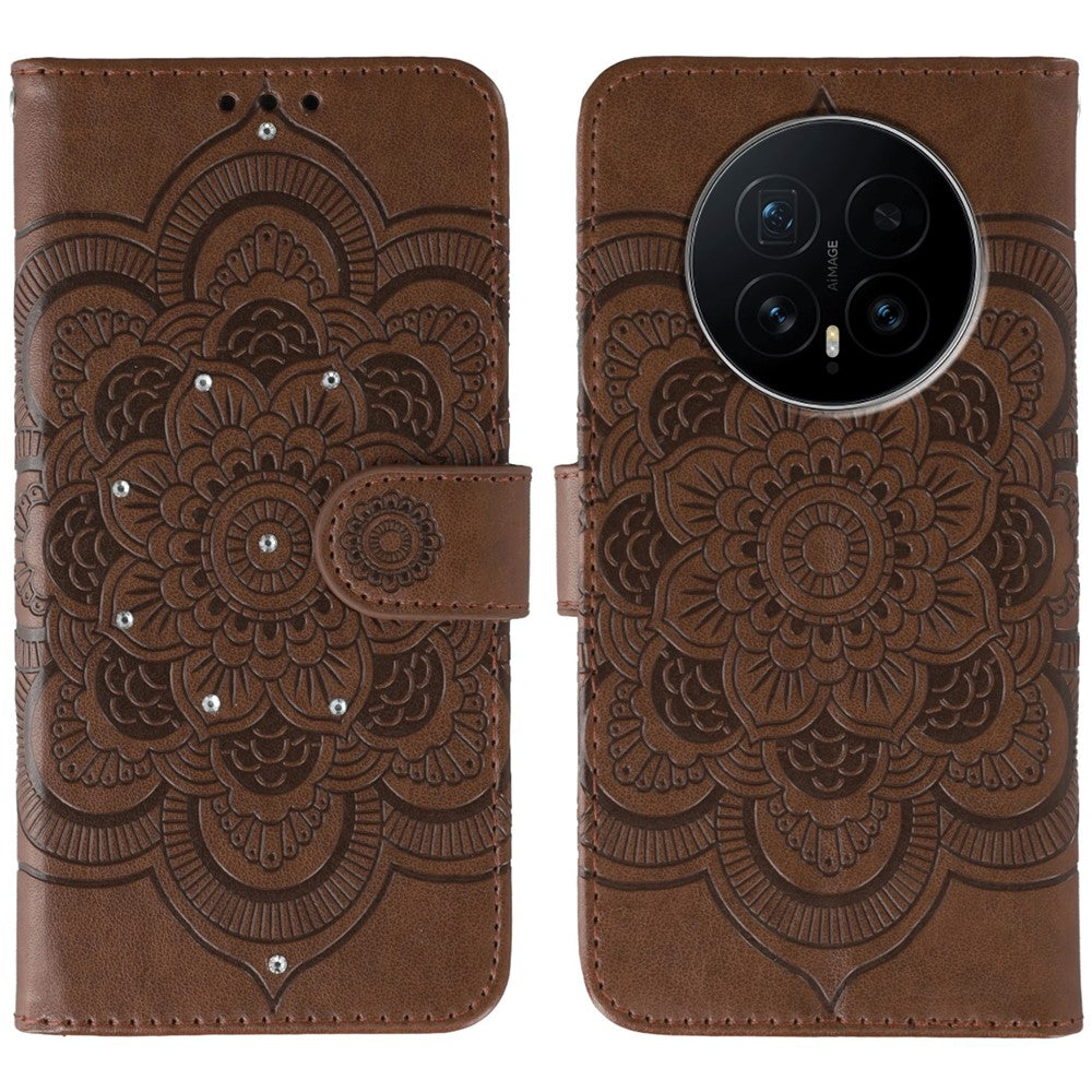 For Honor Magic8 5G Case Rhinestone Decor PU Leather Mandala Imprint Phone Cover with Wrist Strap