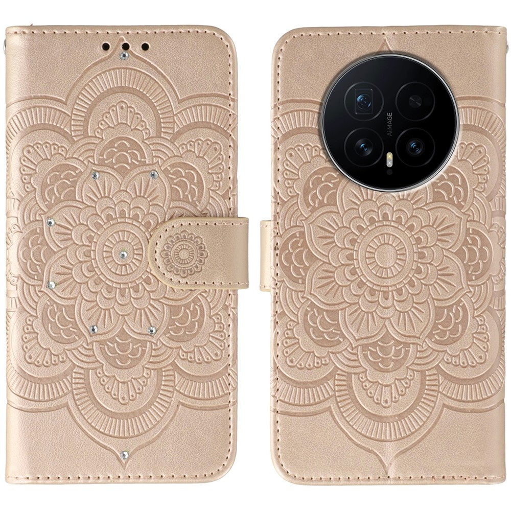 For Honor Magic8 5G Case Rhinestone Decor PU Leather Mandala Imprint Phone Cover with Wrist Strap