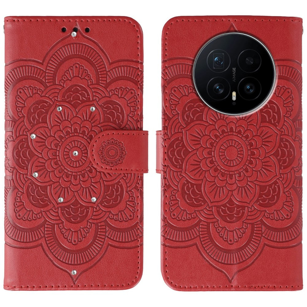 For Honor Magic8 5G Case Rhinestone Decor PU Leather Mandala Imprint Phone Cover with Wrist Strap