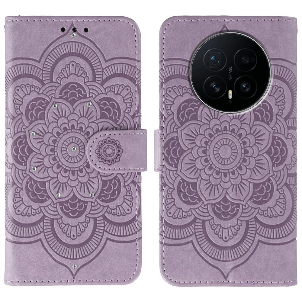 For Honor Magic8 5G Case Rhinestone Decor PU Leather Mandala Imprint Phone Cover with Wrist Strap